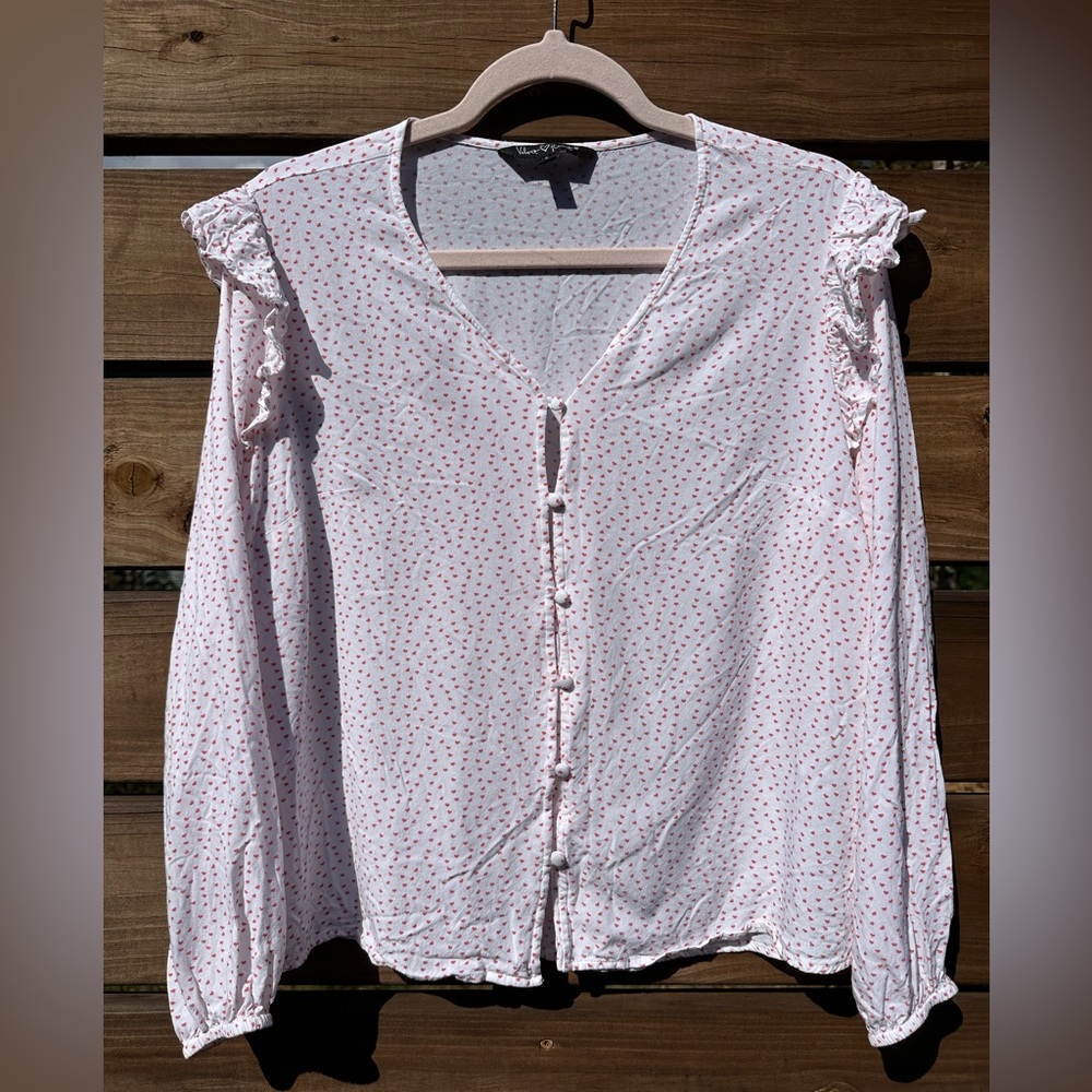 Velvet Heart Ruffle Shoulder Semi-Sheer Blouse Romantic, Feminine, Soft Girl